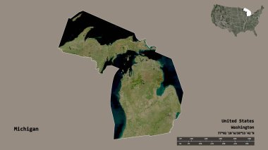 Michigan 'ın şekli, Birleşik Devletler Anakara Eyaleti, sermayesi sağlam arka planda izole edilmiş. Uzaklık ölçeği, bölge önizlemesi ve etiketleri. Uydu görüntüleri. 3B görüntüleme