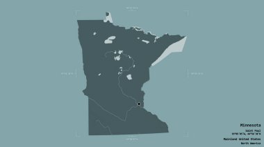 Minnesota bölgesi, Birleşik Devletler 'in Anakara Eyaleti, katı bir arka planda izole edilmiş bir sınır kutusunda. Etiketler. Renkli yükseklik haritası. 3B görüntüleme