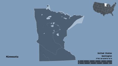 Minnesota 'nın şekli, Birleşik Devletler' in Anakara eyaleti, başkenti sağlam arka planda izole edilmiş. Uzaklık ölçeği, bölge önizlemesi ve etiketleri. Renkli yükseklik haritası. 3B görüntüleme