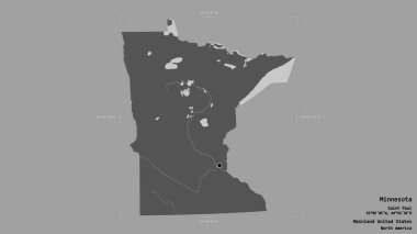 Minnesota bölgesi, Birleşik Devletler 'in Anakara Eyaleti, katı bir arka planda izole edilmiş bir sınır kutusunda. Etiketler. Çift seviyeli yükseklik haritası. 3B görüntüleme