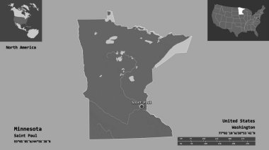 Minnesota 'nın şekli, Birleşik Devletler' in Anakara Eyaleti ve başkenti. Uzaklık ölçeği, ön gösterimler ve etiketler. Çift seviyeli yükseklik haritası. 3B görüntüleme