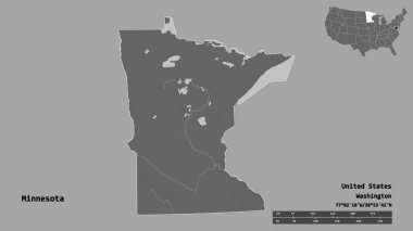 Minnesota 'nın şekli, Birleşik Devletler' in Anakara eyaleti, başkenti sağlam arka planda izole edilmiş. Uzaklık ölçeği, bölge önizlemesi ve etiketleri. Çift seviyeli yükseklik haritası. 3B görüntüleme