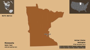 Minnesota 'nın şekli, Birleşik Devletler' in Anakara Eyaleti ve başkenti. Uzaklık ölçeği, ön gösterimler ve etiketler. Desenli dokuların bileşimi. 3B görüntüleme