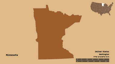Minnesota 'nın şekli, Birleşik Devletler' in Anakara eyaleti, başkenti sağlam arka planda izole edilmiş. Uzaklık ölçeği, bölge önizlemesi ve etiketleri. Desenli dokuların bileşimi. 3B görüntüleme