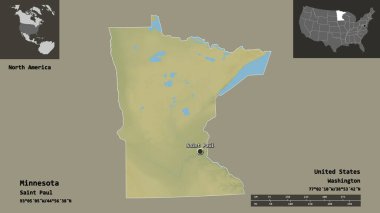 Minnesota 'nın şekli, Birleşik Devletler' in Anakara Eyaleti ve başkenti. Uzaklık ölçeği, ön gösterimler ve etiketler. Topografik yardım haritası. 3B görüntüleme