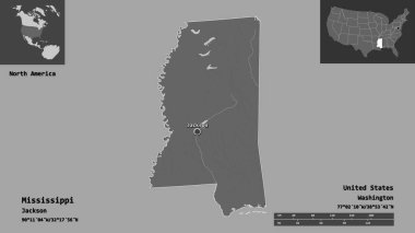 Mississippi 'nin şekli, Birleşik Devletler' in anakarası ve başkenti. Uzaklık ölçeği, ön gösterimler ve etiketler. Çift seviyeli yükseklik haritası. 3B görüntüleme