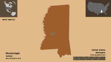 Mississippi 'nin şekli, Birleşik Devletler' in anakarası ve başkenti. Uzaklık ölçeği, ön gösterimler ve etiketler. Desenli dokuların bileşimi. 3B görüntüleme