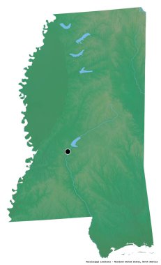 Mississippi 'nin şekli, Birleşik Devletler Anakara Eyaleti, başkenti beyaz arka planda izole edilmiş. Topografik yardım haritası. 3B görüntüleme