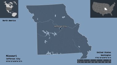 Missouri 'nin şekli, Anakara Birleşik Devletleri eyaleti ve başkenti. Uzaklık ölçeği, ön gösterimler ve etiketler. Renkli yükseklik haritası. 3B görüntüleme