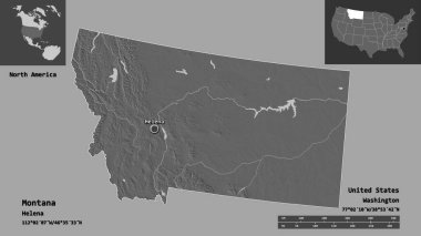 Montana 'nın şekli, Birleşik Devletler' in Anakara Eyaleti ve başkenti. Uzaklık ölçeği, ön gösterimler ve etiketler. Çift seviyeli yükseklik haritası. 3B görüntüleme