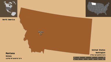 Montana 'nın şekli, Birleşik Devletler' in Anakara Eyaleti ve başkenti. Uzaklık ölçeği, ön gösterimler ve etiketler. Desenli dokuların bileşimi. 3B görüntüleme