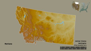 Montana 'nın şekli, Birleşik Devletler Anakara Eyaleti, sermayesi sağlam bir arka planda izole edilmiş. Uzaklık ölçeği, bölge önizlemesi ve etiketleri. Topografik yardım haritası. 3B görüntüleme