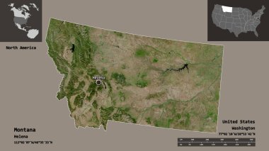 Montana 'nın şekli, Birleşik Devletler' in Anakara Eyaleti ve başkenti. Uzaklık ölçeği, ön gösterimler ve etiketler. Uydu görüntüleri. 3B görüntüleme