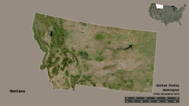 Montana 'nın şekli, Birleşik Devletler Anakara Eyaleti, sermayesi sağlam bir arka planda izole edilmiş. Uzaklık ölçeği, bölge önizlemesi ve etiketleri. Uydu görüntüleri. 3B görüntüleme