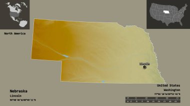 Nebraska 'nın şekli, Birleşik Devletler' in anakara eyaleti ve başkenti. Uzaklık ölçeği, ön gösterimler ve etiketler. Topografik yardım haritası. 3B görüntüleme