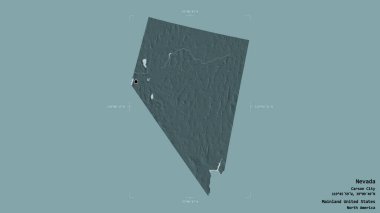 Nevada bölgesi, Birleşik Devletler Anakara Eyaleti, jeoreferatlı bir sınır kutusunda sağlam bir arka planda izole edilmiş. Etiketler. Renkli yükseklik haritası. 3B görüntüleme