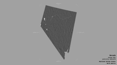 Nevada bölgesi, Birleşik Devletler Anakara Eyaleti, jeoreferatlı bir sınır kutusunda sağlam bir arka planda izole edilmiş. Etiketler. Çift seviyeli yükseklik haritası. 3B görüntüleme