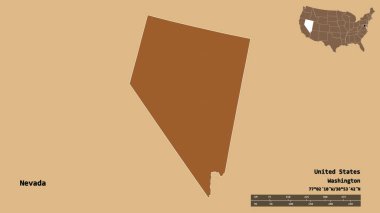 Nevada 'nın şekli, Birleşik Devletler Anakara Eyaleti, başkenti sağlam bir arka planda izole edilmiş. Uzaklık ölçeği, bölge önizlemesi ve etiketleri. Desenli dokuların bileşimi. 3B görüntüleme