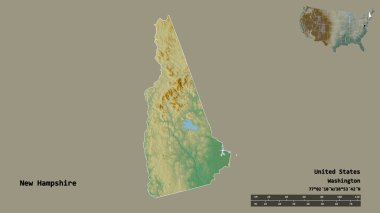 New Hampshire 'ın şekli, Birleşik Devletler' in Anakara eyaleti, başkenti sağlam arka planda izole edilmiş. Uzaklık ölçeği, bölge önizlemesi ve etiketleri. Topografik yardım haritası. 3B görüntüleme