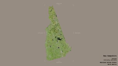 New Hampshire bölgesi, Birleşik Devletler 'in Anakara Eyaleti, katı bir arka planda izole edilmiş bir sınır kutusunda. Etiketler. Uydu görüntüleri. 3B görüntüleme