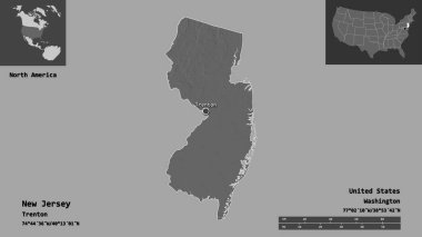 New Jersey 'in şekli, Anakara Birleşik Devletleri eyaleti ve başkenti. Uzaklık ölçeği, ön gösterimler ve etiketler. Çift seviyeli yükseklik haritası. 3B görüntüleme