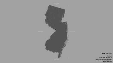 New Jersey bölgesi, Birleşik Devletler 'in Anakara Eyaleti, jeoreferatlı bir sınır kutusunda sağlam bir arka planda izole edilmiş. Etiketler. Çift seviyeli yükseklik haritası. 3B görüntüleme
