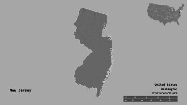 New Jersey 'in şekli, Birleşik Devletler' in anakara eyaleti, başkenti sağlam arka planda izole edilmiş. Uzaklık ölçeği, bölge önizlemesi ve etiketleri. Çift seviyeli yükseklik haritası. 3B görüntüleme