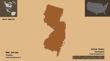 New Jersey 'in şekli, Anakara Birleşik Devletleri eyaleti ve başkenti. Uzaklık ölçeği, ön gösterimler ve etiketler. Desenli dokuların bileşimi. 3B görüntüleme