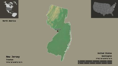 New Jersey 'in şekli, Anakara Birleşik Devletleri eyaleti ve başkenti. Uzaklık ölçeği, ön gösterimler ve etiketler. Topografik yardım haritası. 3B görüntüleme