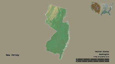 New Jersey 'in şekli, Birleşik Devletler' in anakara eyaleti, başkenti sağlam arka planda izole edilmiş. Uzaklık ölçeği, bölge önizlemesi ve etiketleri. Topografik yardım haritası. 3B görüntüleme