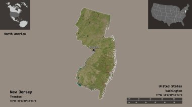 New Jersey 'in şekli, Anakara Birleşik Devletleri eyaleti ve başkenti. Uzaklık ölçeği, ön gösterimler ve etiketler. Uydu görüntüleri. 3B görüntüleme