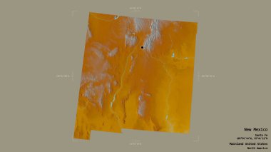 New Mexico bölgesi, Birleşik Devletler 'in Anakara Eyaleti, jeoreferatlı bir sınır kutusunda sağlam bir arka planda izole edilmiş. Etiketler. Topografik yardım haritası. 3B görüntüleme