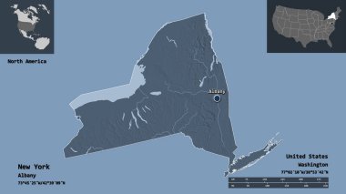 New York 'un şekli, Anakara Birleşik Devletleri eyaleti ve başkenti. Uzaklık ölçeği, ön gösterimler ve etiketler. Renkli yükseklik haritası. 3B görüntüleme