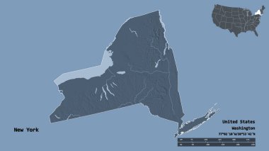 New York 'un şekli, Birleşik Devletler' in Anakara eyaleti, başkenti sağlam arka planda izole edilmiş. Uzaklık ölçeği, bölge önizlemesi ve etiketleri. Renkli yükseklik haritası. 3B görüntüleme