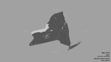 New York bölgesi, Birleşik Devletler 'in Anakara Eyaleti, jeoreferatlı bir sınır kutusunda sağlam bir arka planda izole edilmiş. Etiketler. Çift seviyeli yükseklik haritası. 3B görüntüleme