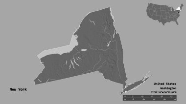 New York 'un şekli, Birleşik Devletler' in Anakara eyaleti, başkenti sağlam arka planda izole edilmiş. Uzaklık ölçeği, bölge önizlemesi ve etiketleri. Çift seviyeli yükseklik haritası. 3B görüntüleme