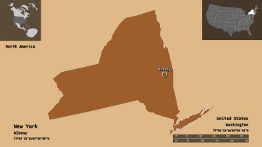 New York 'un şekli, Anakara Birleşik Devletleri eyaleti ve başkenti. Uzaklık ölçeği, ön gösterimler ve etiketler. Desenli dokuların bileşimi. 3B görüntüleme