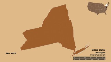 New York 'un şekli, Birleşik Devletler' in Anakara eyaleti, başkenti sağlam arka planda izole edilmiş. Uzaklık ölçeği, bölge önizlemesi ve etiketleri. Desenli dokuların bileşimi. 3B görüntüleme