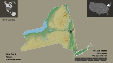 New York 'un şekli, Anakara Birleşik Devletleri eyaleti ve başkenti. Uzaklık ölçeği, ön gösterimler ve etiketler. Topografik yardım haritası. 3B görüntüleme