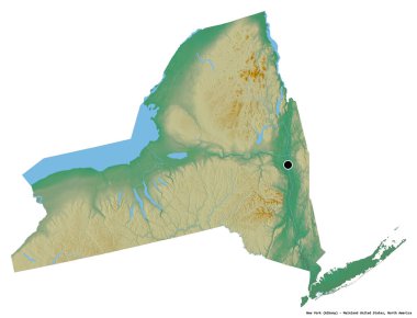 New York 'un şekli, Birleşik Devletler Anakara Eyaleti, başkenti beyaz arka planda izole edilmiş. Topografik yardım haritası. 3B görüntüleme