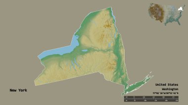 New York 'un şekli, Birleşik Devletler' in Anakara eyaleti, başkenti sağlam arka planda izole edilmiş. Uzaklık ölçeği, bölge önizlemesi ve etiketleri. Topografik yardım haritası. 3B görüntüleme