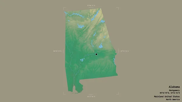 阿拉巴马州的一个地区 美国大陆 孤立在一个坚实的背景下在一个地理参考的包围盒 地形浮雕图 3D渲染 — 图库照片