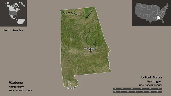 アラバマ州の形状 米国本土 およびその首都 距離スケール プレビューおよびラベル 衛星画像 3Dレンダリング — ストック写真