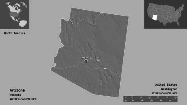 アリゾナ州の形 米国本土の州 およびその首都 距離スケール プレビューおよびラベル 標高マップ 3Dレンダリング — ストック写真