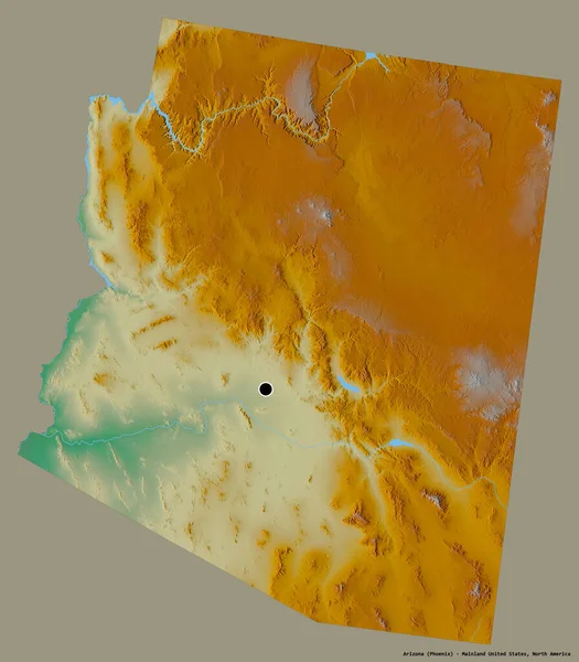 アリゾナ州の形 米国本土の状態 その資本金は 固体色の背景に隔離されています 地形図 3Dレンダリング — ストック写真