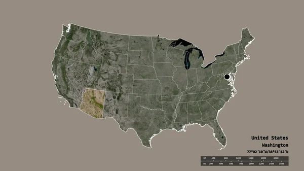主要な地域部門と分離されたアリゾナ地域を持つ米国本土の荒廃した形 ラベル 衛星画像 3Dレンダリング — ストック写真