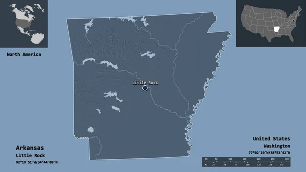 Form Arkansas Delstaten Usa Och Dess Huvudstad Avståndsskala Förhandsvisningar Och — Stockfoto