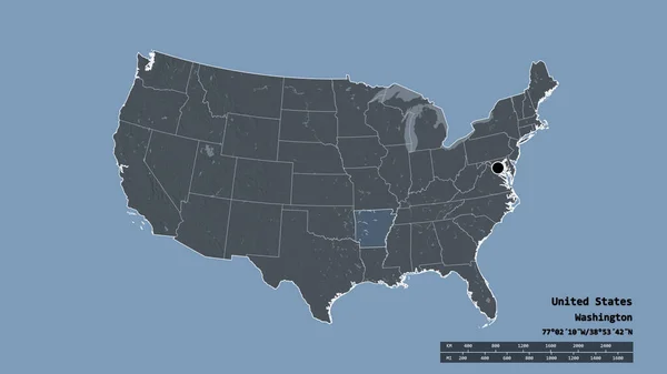 その首都 主要地域部門と分離されたアーカンソー州領域で 米国本土の荒廃した形 ラベル 色の標高マップ 3Dレンダリング — ストック写真