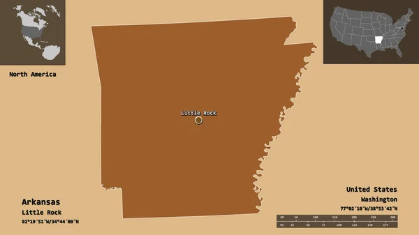 Shape Arkansas Staat Mainland Verenigde Staten Hoofdstad Afstandsschaal Previews Etiketten — Stockfoto