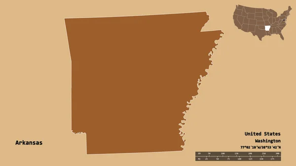 美国大陆州阿肯色州的形状 其首都在坚实的背景下与世隔绝 距离尺度 区域预览和标签 图形纹理的组成 3D渲染 — 图库照片